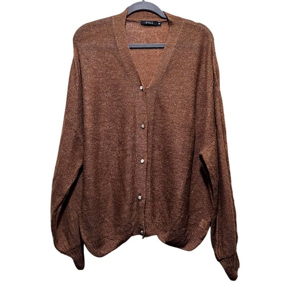Brown Loose Knit Cardigan Sweater With Button Front & Balloon Sleeves By Cmoi - Picture 1 of 8